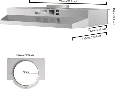 Provides exact measurements of the range hood's width, depth, height, and duct opening to help shoppers determine if it will fit their kitchen space.