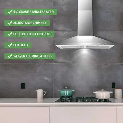 Communicates multiple key features and benefits of the range hood in a visually segmented checklist format to help shoppers quickly understand the product's quality, functionality, and convenience.
