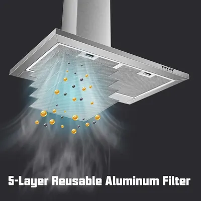 Highlights the advanced filtration system of the range hood, emphasizing the reusable aluminum filter technology that captures grease and particles effectively.