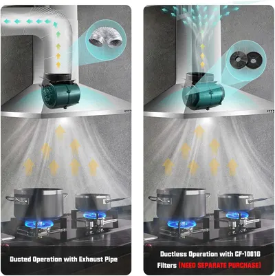 Demonstrates the difference between ducted operation with an exhaust pipe versus ductless operation with filters, showing shoppers they have two installation options and highlighting the cleaner,…