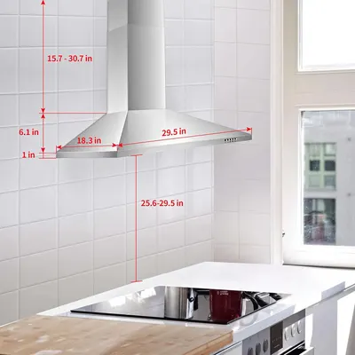 Communicates the exact physical dimensions and adjustable ranges of the range hood to help shoppers determine if it will fit their kitchen space.