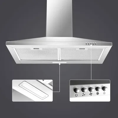 Highlights the key physical components of the range hood, including the control panel with speed settings and lighting, and the grease filter system, to help shoppers understand the product's…