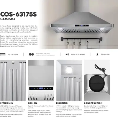 This image showcases multiple distinct benefits of the range hood across four segmented panels, highlighting efficiency, design, lighting, and construction quality to demonstrate the product's…
