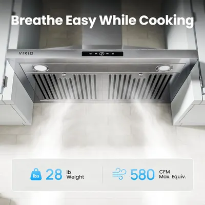 Communicates the product's lightweight design (28 lbs) and powerful ventilation performance (580 CFM Max. Equiv.) to reassure shoppers of both ease of installation and effective air circulation…