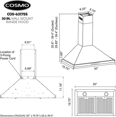 Provides detailed dimensional specifications and technical measurements to help shoppers understand the exact physical size of the range hood and ensure proper fit during installation.