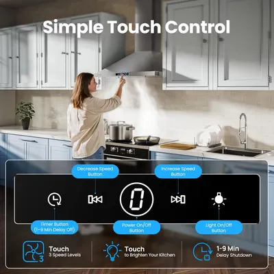 Explains how to operate the range hood's touch control panel, showing the various buttons and their functions to help shoppers understand the ease of use and control options. Highlights multiple…