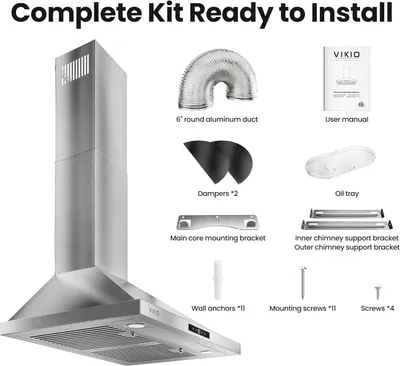 Shows all components included in the package to reassure shoppers they have everything needed for installation, including the range hood, ductwork, mounting hardware, and accessories.