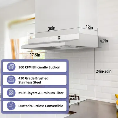Provides exact dimensional measurements of the range hood to help shoppers determine if it will fit their kitchen space and stove width. Highlights four distinct product benefits in a segmented…