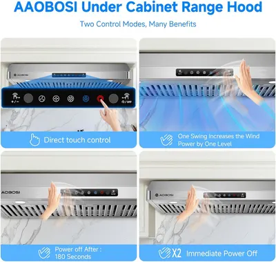 Demonstrates the range hood's multiple control modes and convenience features, showing shoppers the versatile ways they can operate the product for ease of use.