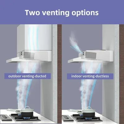 Demonstrates the two installation options available for the range hood—outdoor ducted venting and indoor ductless venting—to help shoppers understand the product's flexibility and choose the…