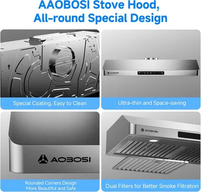 Showcases multiple distinct benefits of the stove hood in a segmented four-panel layout, highlighting ease of cleaning, space efficiency, aesthetic safety design, and superior filtration to…