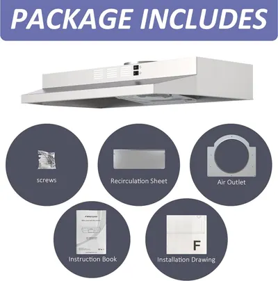 Shows the customer everything included in the package—the range hood unit plus all necessary installation components (screws, recirculation sheet, air outlet, instruction book, and installation…