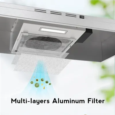 Demonstrates the internal structure and filtration system of the range hood, showing how the multi-layer aluminum filter captures grease, particles, and contaminants to reassure shoppers of its…