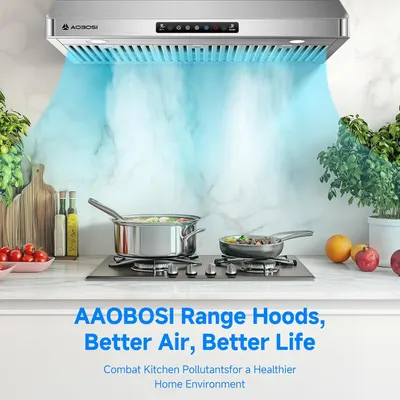 Demonstrates the range hood in a real kitchen setting with visible air flow (blue visualization) to show how it actively removes cooking pollutants, creating a healthier home environment.