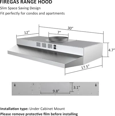 Communicates the exact physical dimensions of the range hood to help shoppers verify it will fit in their space, emphasizing its slim design ideal for condos and apartments. Provides installation…