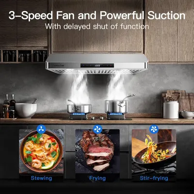 Communicates the range hood's key performance features (fan speeds, suction power, delayed shut-off) and demonstrates its versatility across different cooking methods (stewing, frying, stir-frying)…