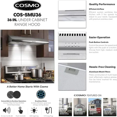 This image showcases multiple distinct benefits of the under-cabinet range hood in a segmented layout, highlighting quality performance, ease of operation, hassle-free cleaning, and additional…