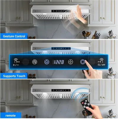 Demonstrates three different ways to operate the range hood (gesture, touch, and remote), showing shoppers the ease and flexibility of control options. Highlights multiple control methods available…