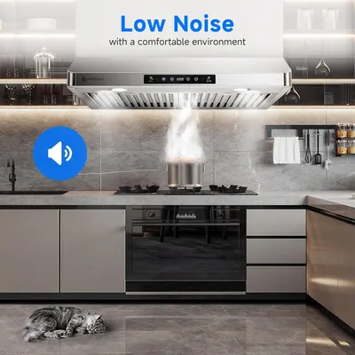 Communicates that the range hood operates quietly, creating a comfortable kitchen environment without disruptive noise.