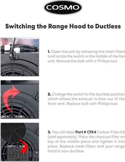 This image provides step-by-step instructions for converting the range hood to ductless mode, helping shoppers understand the installation process and reassuring them that the product offers…
