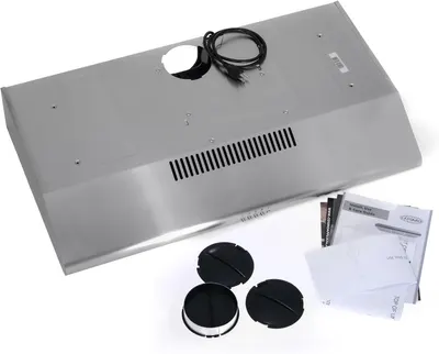 Shows everything included in the box: the range hood unit, power cord, installation accessories, filters, and instruction manual to reassure buyers they have all necessary components.