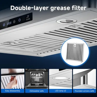 Communicates multiple distinct benefits of the range hood including its double-layer grease filter, ease of maintenance, dishwasher compatibility, lighting features, and safety design to reassure…