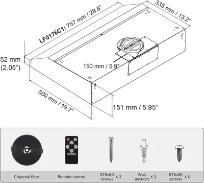 Provides exact measurements of the product's physical dimensions to help shoppers understand the size and ensure it fits their installation space. Shows all components included in the package…