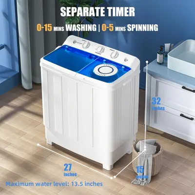 Communicates the exact physical dimensions of the washing machine (27 x 15 x 32 inches) to help shoppers understand if it will fit in their space. Highlights the separate timer feature that allows…