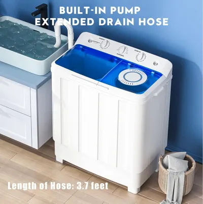 Highlights the product's built-in pump and extended drain hose features to show shoppers the convenience and functionality of the washing machine's drainage system. Communicates the benefit of easy…