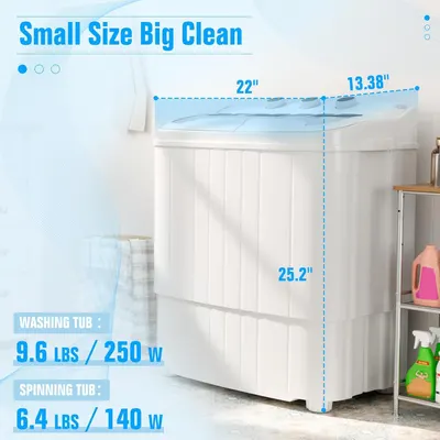 Communicates the physical dimensions and weight of the washing machine to reassure shoppers that it's compact and space-efficient while still offering substantial cleaning capacity. Highlights the…
