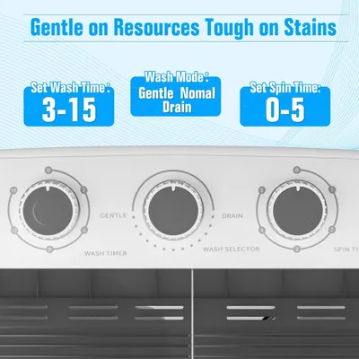 Instructs shoppers on how to properly set the washing machine for gentle washing that is tough on stains, providing specific time and mode settings to ensure optimal product care.
