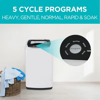 Highlights the washing machine's control dial and available cycle programs to show shoppers the versatility and customization options for different laundry needs. Communicates the benefit of having…