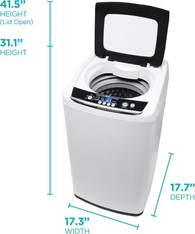 Communicates the exact physical dimensions of the washing machine (height, width, depth) to help shoppers determine if it will fit in their space.