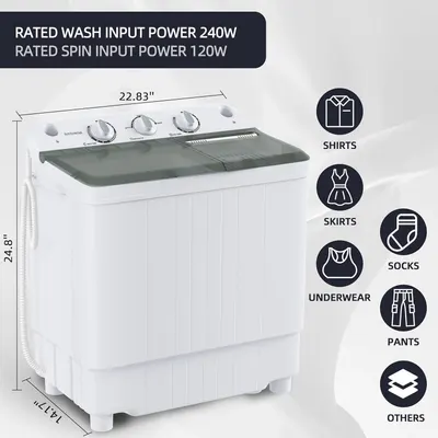 Communicates the exact physical dimensions of the washing machine (22.83" x 24.8" x 14.17") to help shoppers understand if it will fit their space. Demonstrates the washing machine can handle…