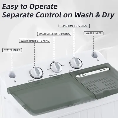 This image breaks down the washing machine's control panel to show shoppers the separate controls for wash and dry functions, emphasizing ease of operation and intuitive design. Communicates that…