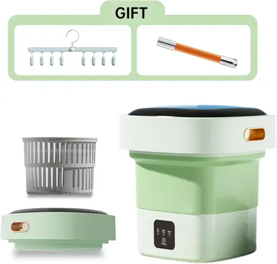 Shows everything included in the purchase—the main collapsible washing device, removable basket, and bonus gift accessories (hanger and peeler)—to communicate value and completeness of the bundle.…