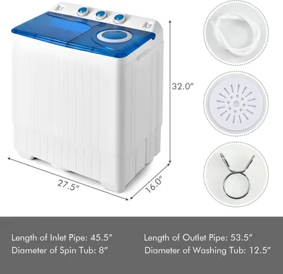 Communicates the exact physical dimensions of the washing machine (height, width, depth) and detailed measurements of key components (inlet/outlet pipe lengths, tub diameters) to help shoppers…