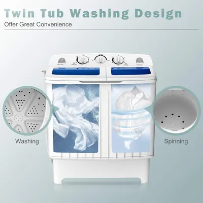 Demonstrates the dual-tub structure of the washing machine, showing how one tub is dedicated to washing and the other to spinning, highlighting the convenience of the twin tub design.