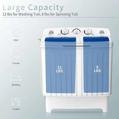 Communicates the washing machine's capacity specifications to help shoppers understand how much laundry it can handle in both the washing and spinning tubs. Highlights the generous capacity as a key…