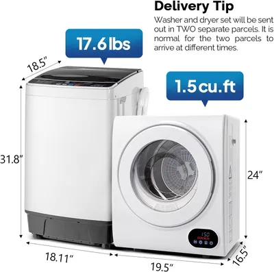 Communicates the exact physical dimensions and weight of the washer and dryer set to help shoppers assess fit and space requirements.
