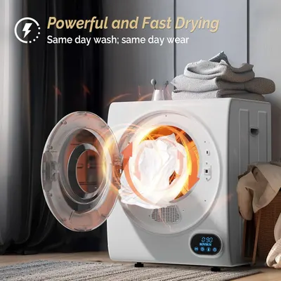 Communicates the dryer's powerful and fast drying capability, emphasizing the convenience of same-day wash and wear to appeal to busy shoppers.