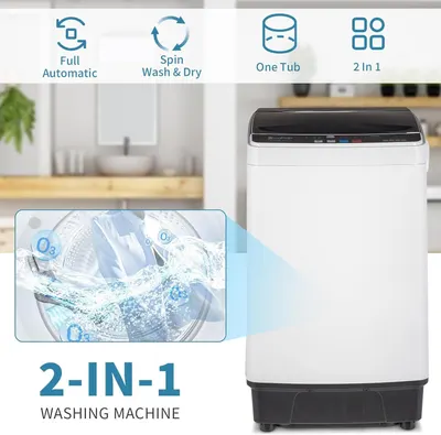 Communicates multiple key features of the washing machine in a segmented layout, highlighting its automatic operation, spin wash and dry capability, single tub design, and 2-in-1 functionality to…