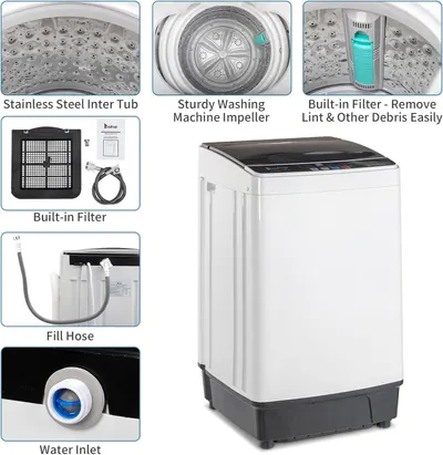 This image showcases multiple distinct features and components of the washing machine in a segmented layout, helping shoppers understand the product's construction quality, functionality, and…