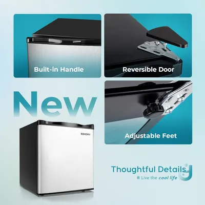 Highlights three distinct thoughtful design features of the mini fridge to demonstrate convenience, flexibility, and stability for the shopper.