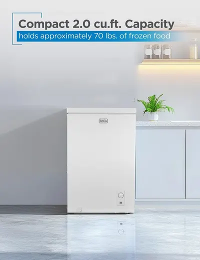 Communicates the freezer's storage capacity in both cubic feet and practical terms (70 lbs of frozen food) to help shoppers understand how much food it can hold despite its compact size. Highlights…