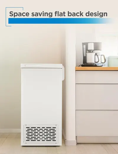 Communicates that the product has a flat back design that saves space and fits neatly against walls or in tight kitchen areas, making it ideal for compact living spaces.