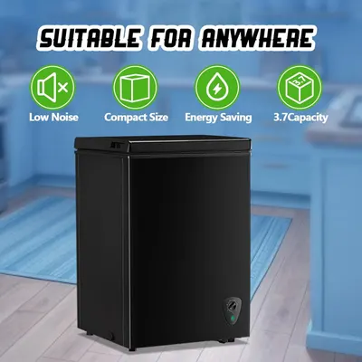 Communicates multiple key benefits of the freezer to show versatility and suitability for various environments, emphasizing quiet operation, space efficiency, energy efficiency, and adequate storage…