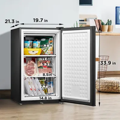 Communicates the exact physical dimensions of the freezer (exterior and interior shelf spaces) to help shoppers understand if it will fit their space and storage needs.