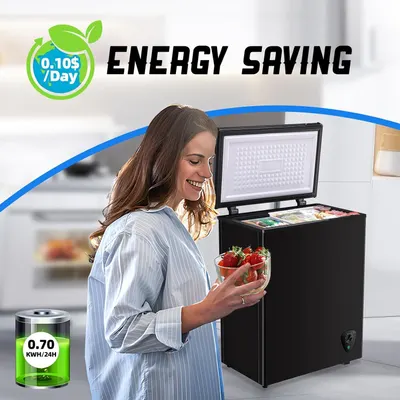 Communicates the product's energy efficiency with specific cost and consumption metrics ($0.10/day and 0.70 kWH/24H) to reassure shoppers about low operating costs and environmental responsibility.…