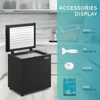 Shows all the accessories and items included with the chest freezer purchase to help shoppers understand the complete package they will receive.
